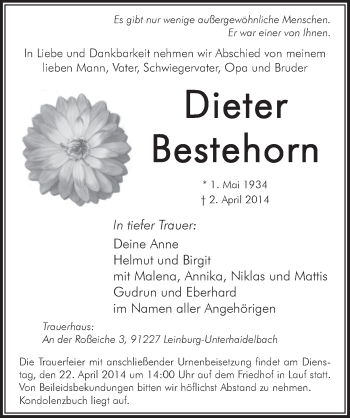 Traueranzeige von Dieter Bestehorn von Pegnitz-Zeitung